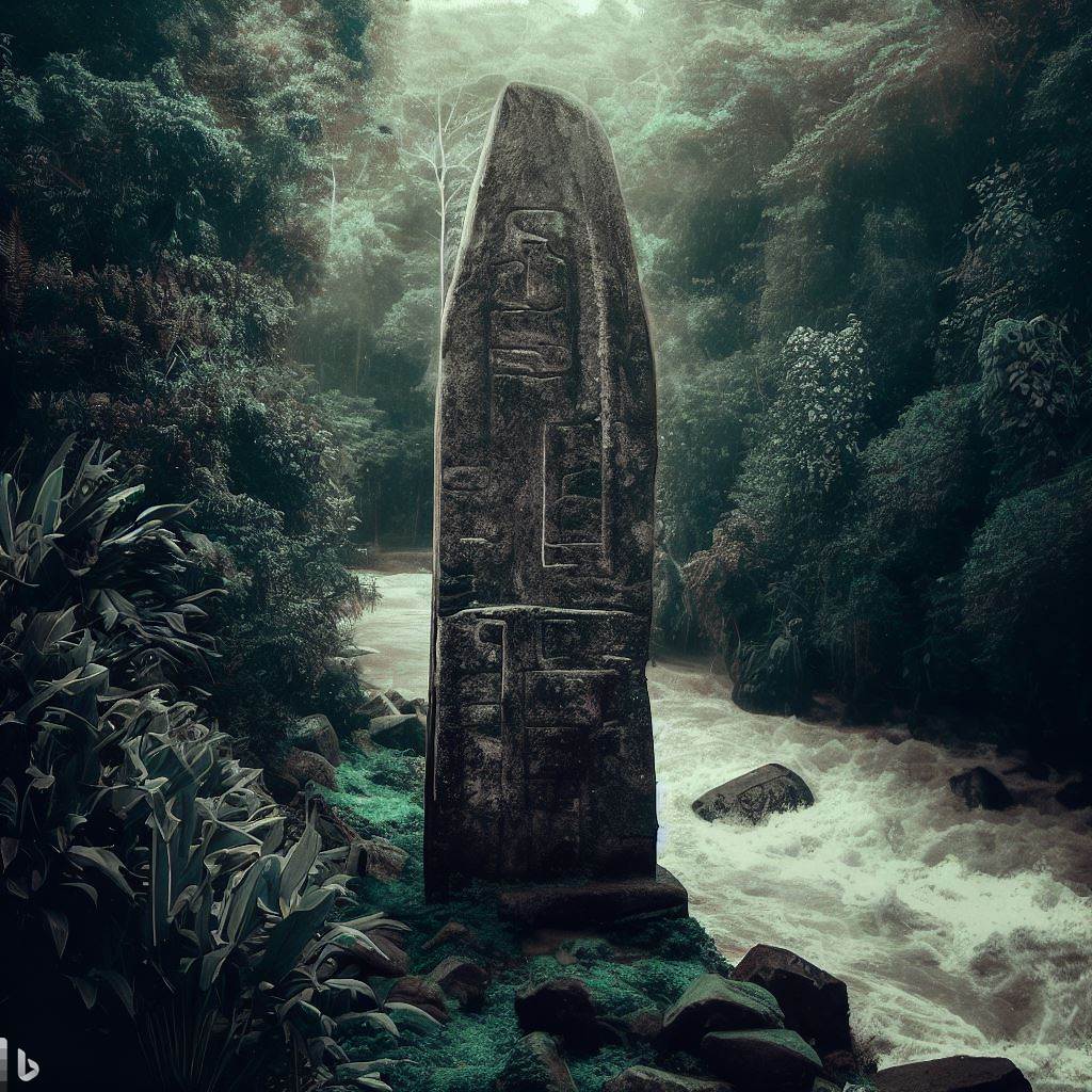 Un antiguo monolito rodeado por la selva con un río de corrientes fuertes en el fondo. Estilo aventurero y antiguo, con tonos verdes y grises, y texturas de piedra en el monolito
